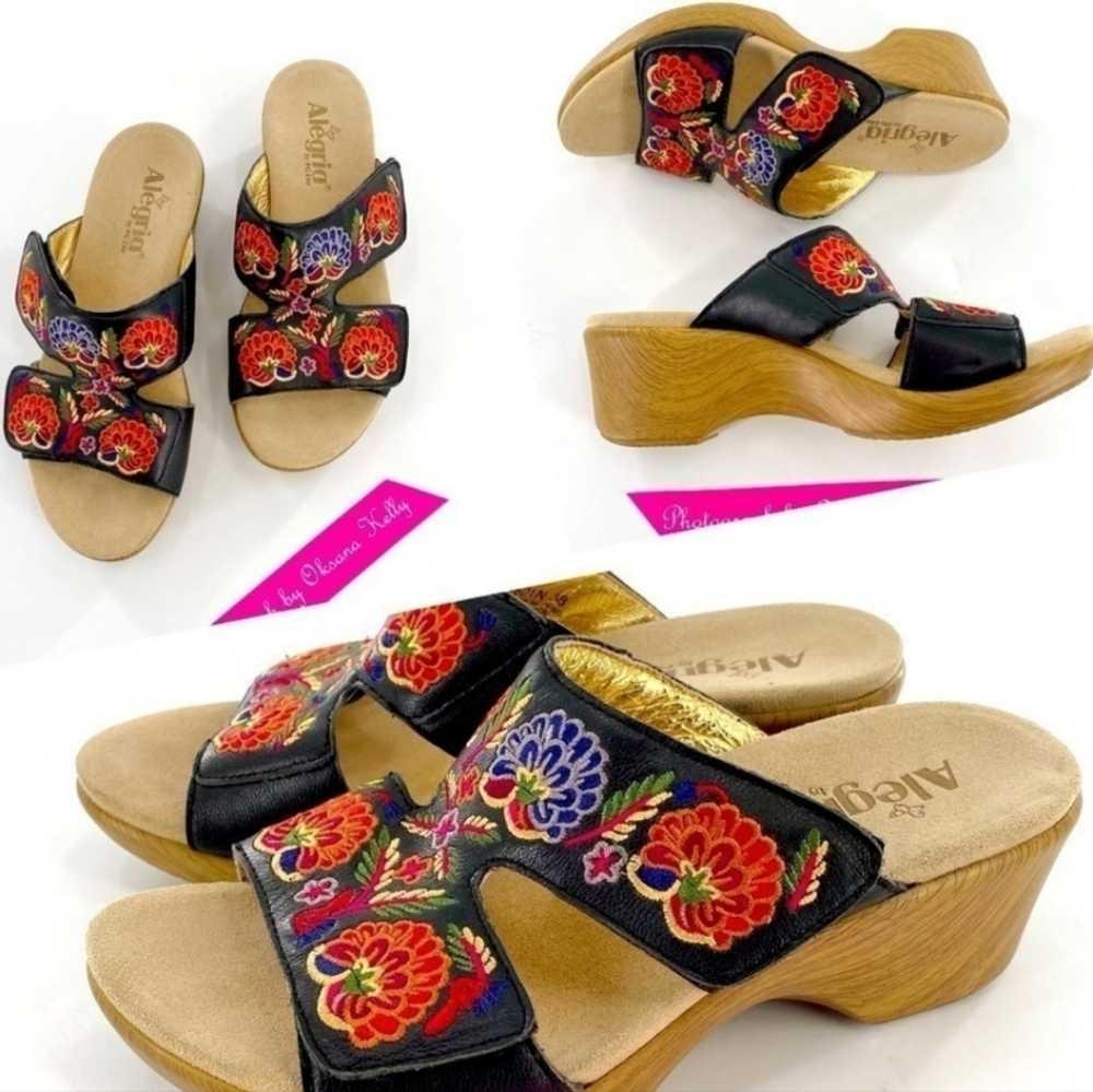 Alegria Lin Embroidered Leather Clog Sandal With Velcro Straps